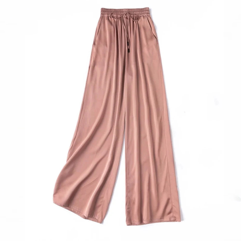 Vertical Naked Feeling 93% Natural Mulberry Silk Elastic Double Qiao Satin Elastic Waist Women's Fashionable Wide Leg Pants