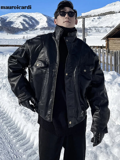 Mauroicardi Autumn Winter Waterproof Windproof Oversized Thickened Warm Black Faux Leather Jacket Men Zip Up Casual Cool Fashion