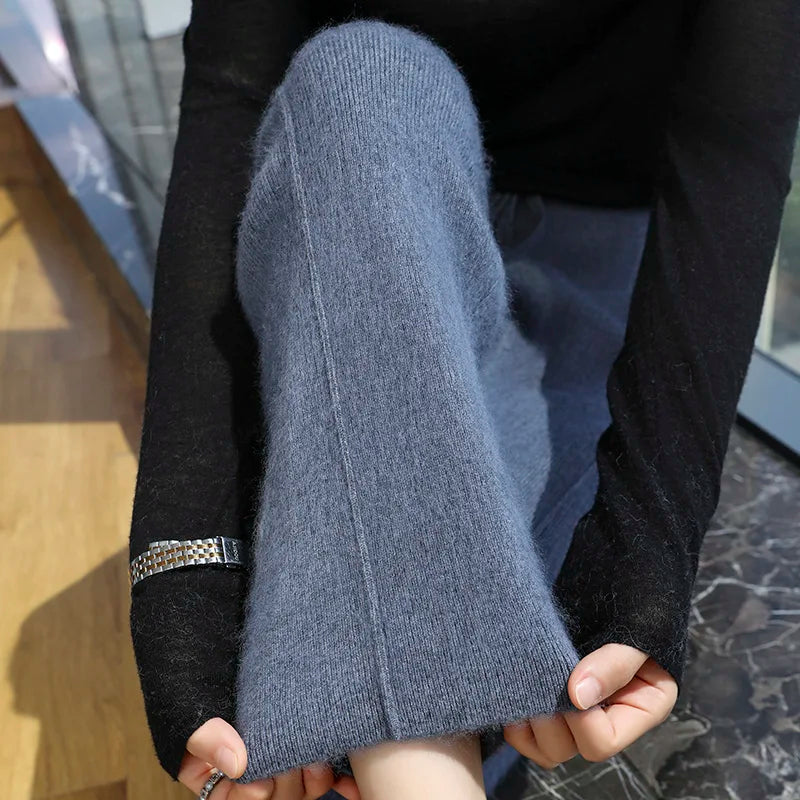 100% mink wool knitted high-waisted pencil pants women's casual autumn and winter new warm solid color thick cashmere pants