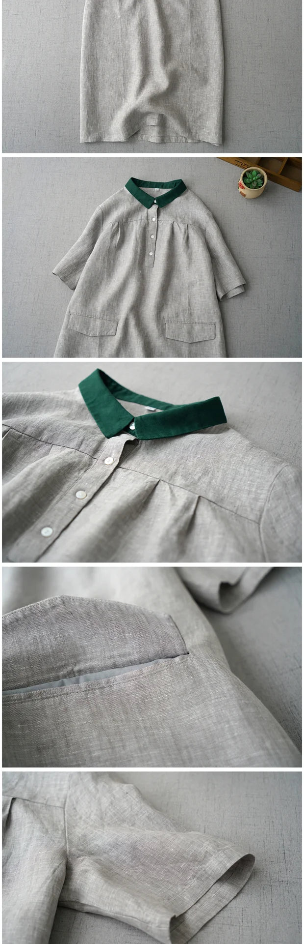 Ele Contrast Color Collar Linen ort Sve irt Dr Women's Summer New Artistic Versatile Midi Dr Comfortable A-L...