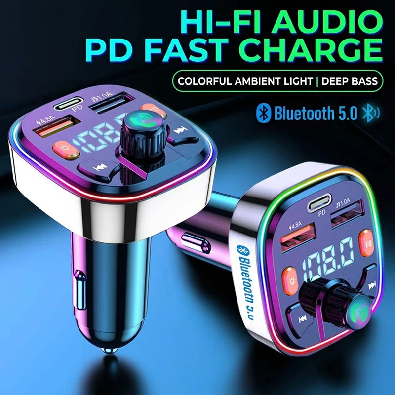 Car Bluetooth 5.0 FM Transmitter Audio Adapter RGB Colorful Light Triple Port PD Fast Charger And USB & One-Key Deep Bass Boost
