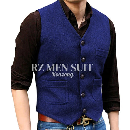 Mens Vintage Tweed Suit Vest V Neck Casual Wool Waistcoat for Wedding Groomsmen chaleco hombre