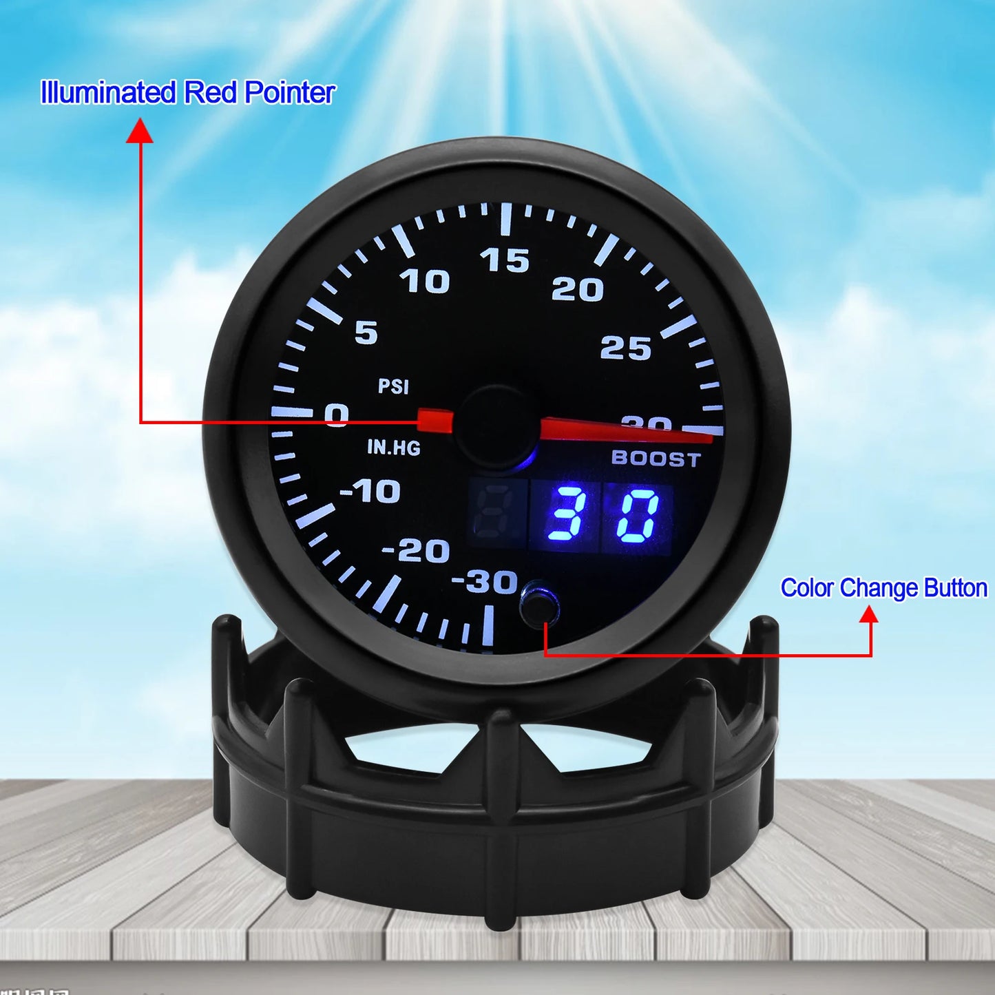 2" 52mm 7 Color LED Dual Display Gauge Boost PSI Boost BAR Water / Oil Temp Oil Pressure Voltmeter Air Fuel Ratio EGT Tachometer