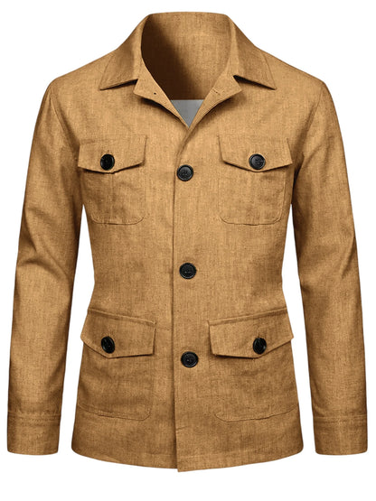 Men's Linen Blend Safari Jacket Retro British Style Multi-Pocket Workwear Coat Business Casual Suit Blazer for Spring Summer