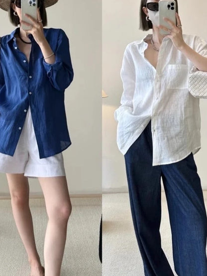 White Linen Cotton Blend Long Sleeve Shirt Women Summer Thin Loose Style Sun Protection Top Casual Commute Fashion  Collar