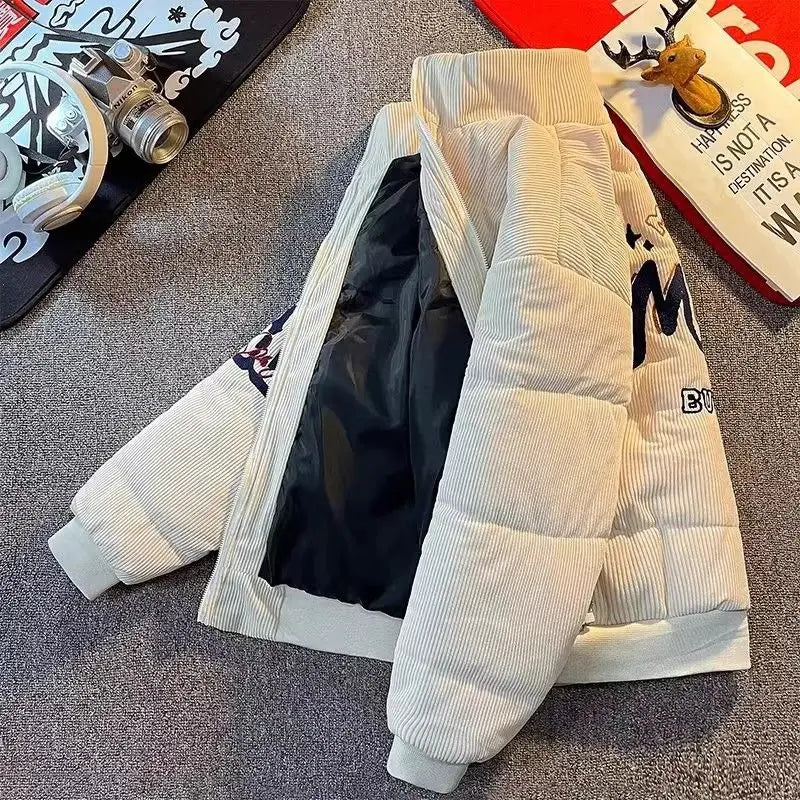 Retro American High Street Embroidered Corduroy Winter Jacket Loose Bread Style for Couples Cotton Clothes Youth Fashion