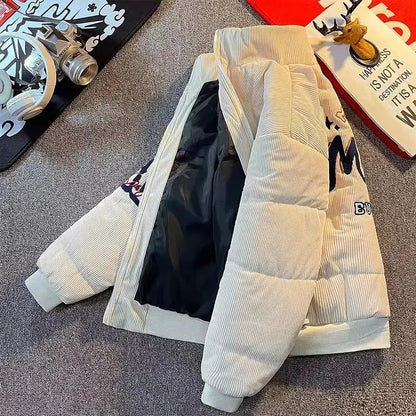 Retro American High Street Embroidered Corduroy Winter Jacket Loose Bread Style for Couples Cotton Clothes Youth Fashion
