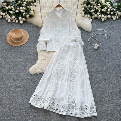 Elegant Lace Hollow out Long Sleeve Shirt And High Waist Half Skirt Two Piece Set for Women Fashionable And Stylish Ensemble