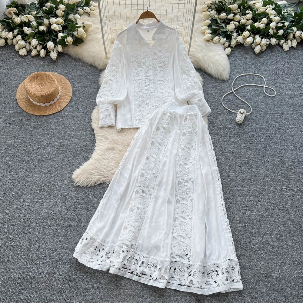 Elegant Lace Hollow out Long Sleeve Shirt And High Waist Half Skirt Two Piece Set for Women Fashionable And Stylish Ensemble