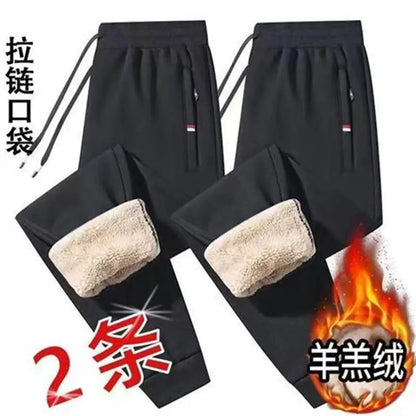 Men's Autumn Winter Thickened Large Size Lamb Velvet Fleece Lined Warm Loose Casual Pants Polyester Fiber Youth Pure Color