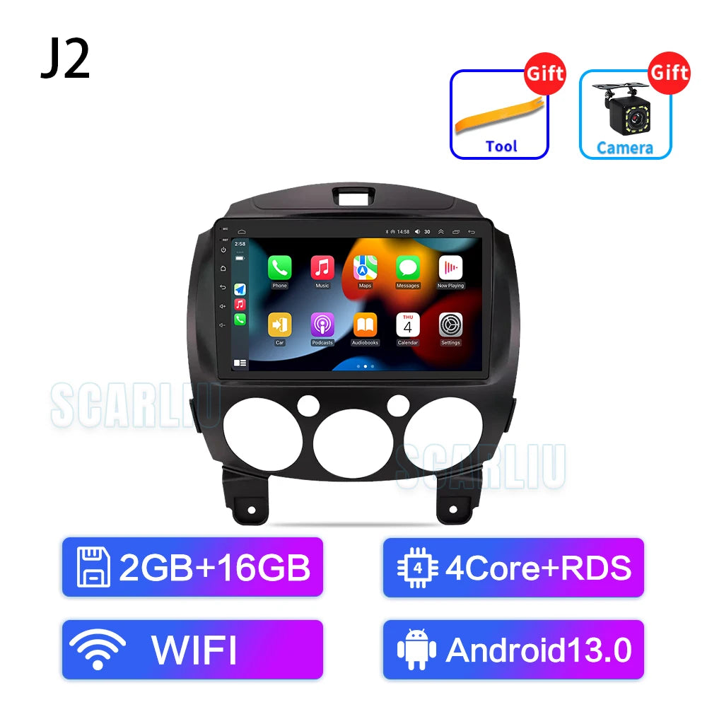 SCARLIU for Mazda 2 2007-2014 Multimedia Video Player 4G WIFI GPS Navigation Carplay DVD Head Unit 2 Din Android 16 Car Radio
