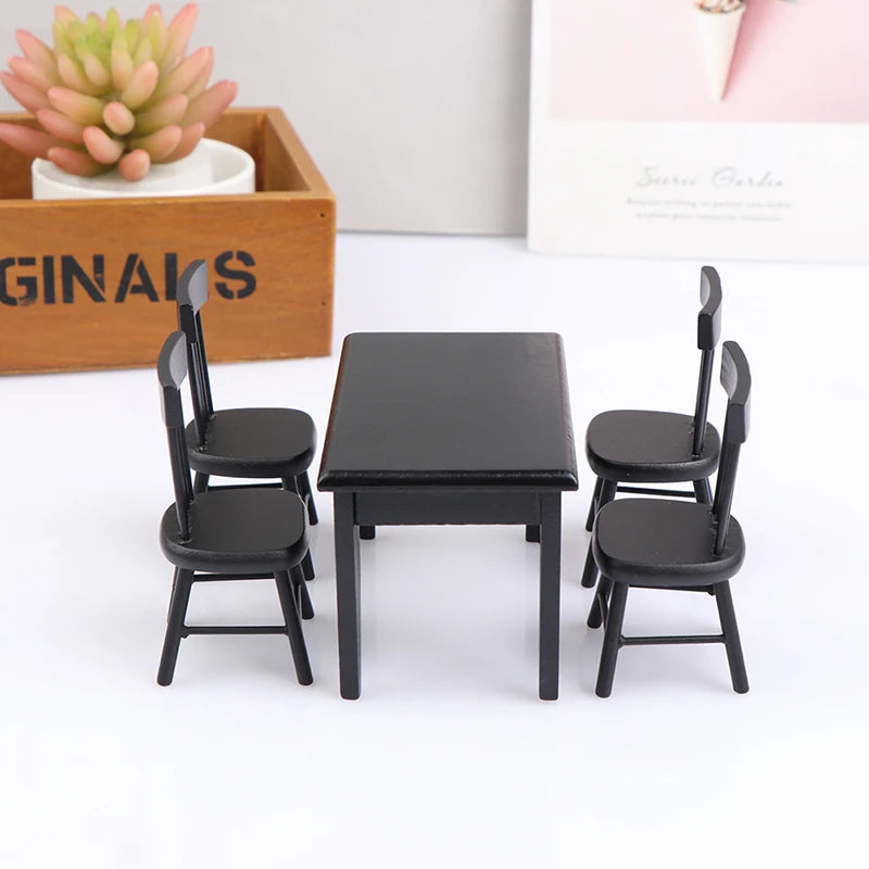 5Pcs/Set 1:12 Dollhouse Miniature Wooden Dining Table Chair Set Doll House Kitchen Furniture Toy