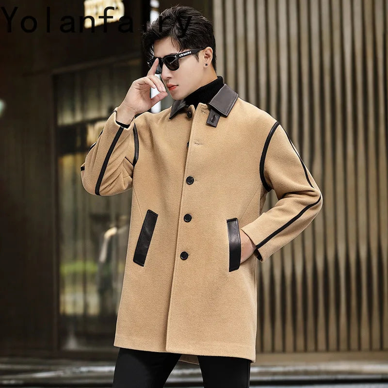 YOLANFAIRY Luxury Woolen Overcoat for Man Autumn Winter Mid-length Lapel Pure Wool Spliced Sheepskin Trench Coat Trend Jacket