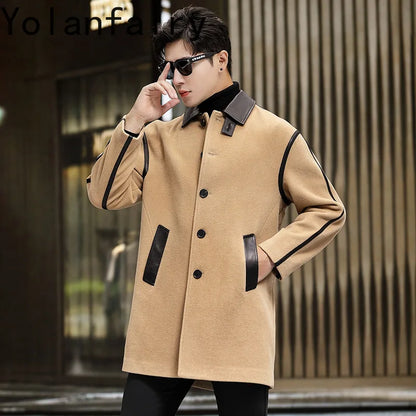 YOLANFAIRY Luxury Woolen Overcoat for Man Autumn Winter Mid-length Lapel Pure Wool Spliced Sheepskin Trench Coat Trend Jacket