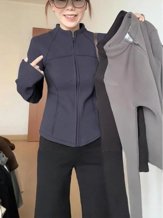 Women's Thickened Fleece Zipper Hoodie Short Coat Slim Fit Waist-Cinching Stand Collar Cardigan Autumn Winter Fashion Outerwear