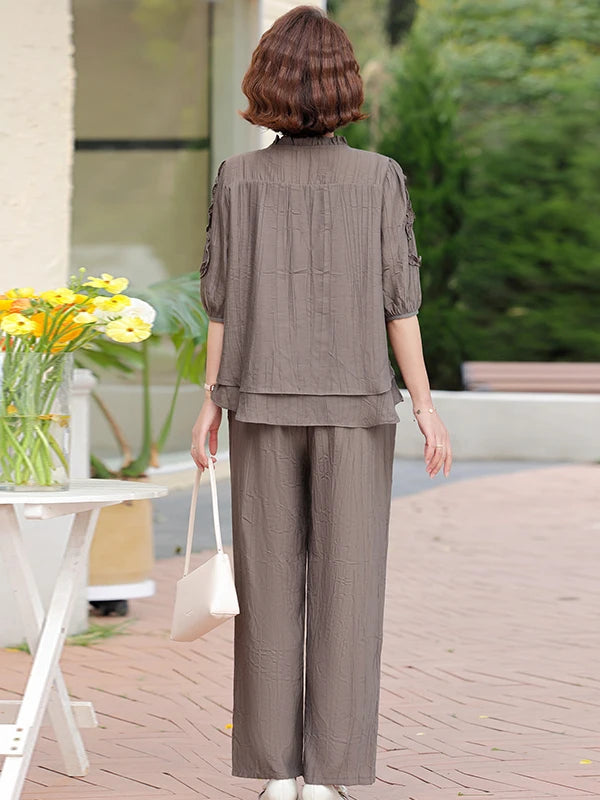 Mother's Day Fashionable Summer Outfit Set Casual Short Sleeve Two-Piece Suit for Middle-Aged Women Polyester Fiber V-Neck