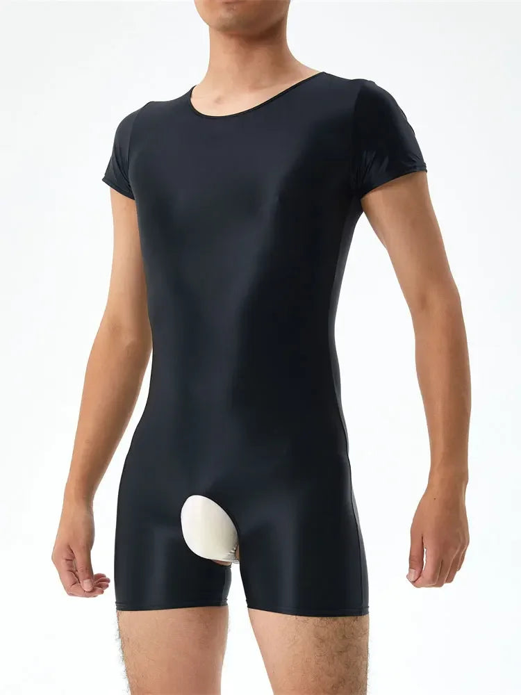 Sexy Men's Open Crotch Bodysuit Short Sleeve Oil Shiny Glossy Tights High Elastic Man Clothing Shapers Exotic Leotard