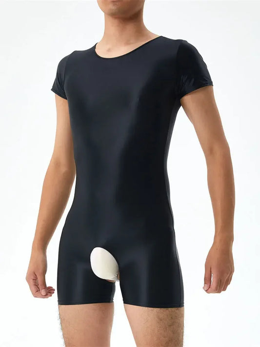 Sexy Men's Open Crotch Bodysuit Short Sleeve Oil Shiny Glossy Tights High Elastic Man Clothing Shapers Exotic Leotard