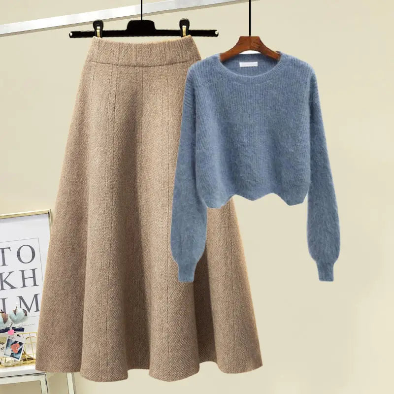 plus Size Women's Autumn Winter Knitted Sweater White Half-length Skirt Two-piece Set Slimming Concealing Anti-aging
