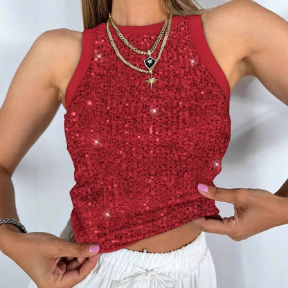 Women Sparkly Tank Top Sleeveless Round Neck Glitter Crop Top Y2K Party Club Summer Casual Streetwear for Ladies Daily Wear