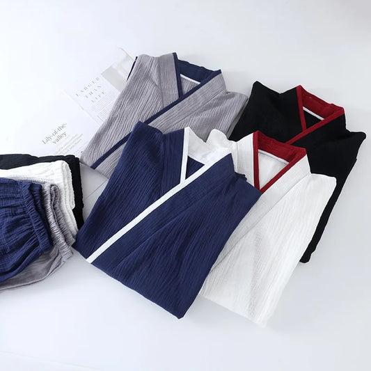 Spring Autumn Japanese Color Blocked Cotton Crepe Kimono Mens Pajamas Set Thin Lace-Up Top + Pants Loose Two-piece Male Homewear