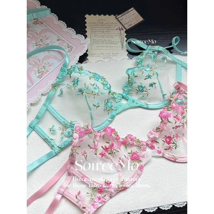 Pure & Sexy Japanese Lingerie Set, Pink Floral Tulle with Embroidery, Harajuku Style Aesthetic Set BANERDANNI Sexy Panty &Tusjy
