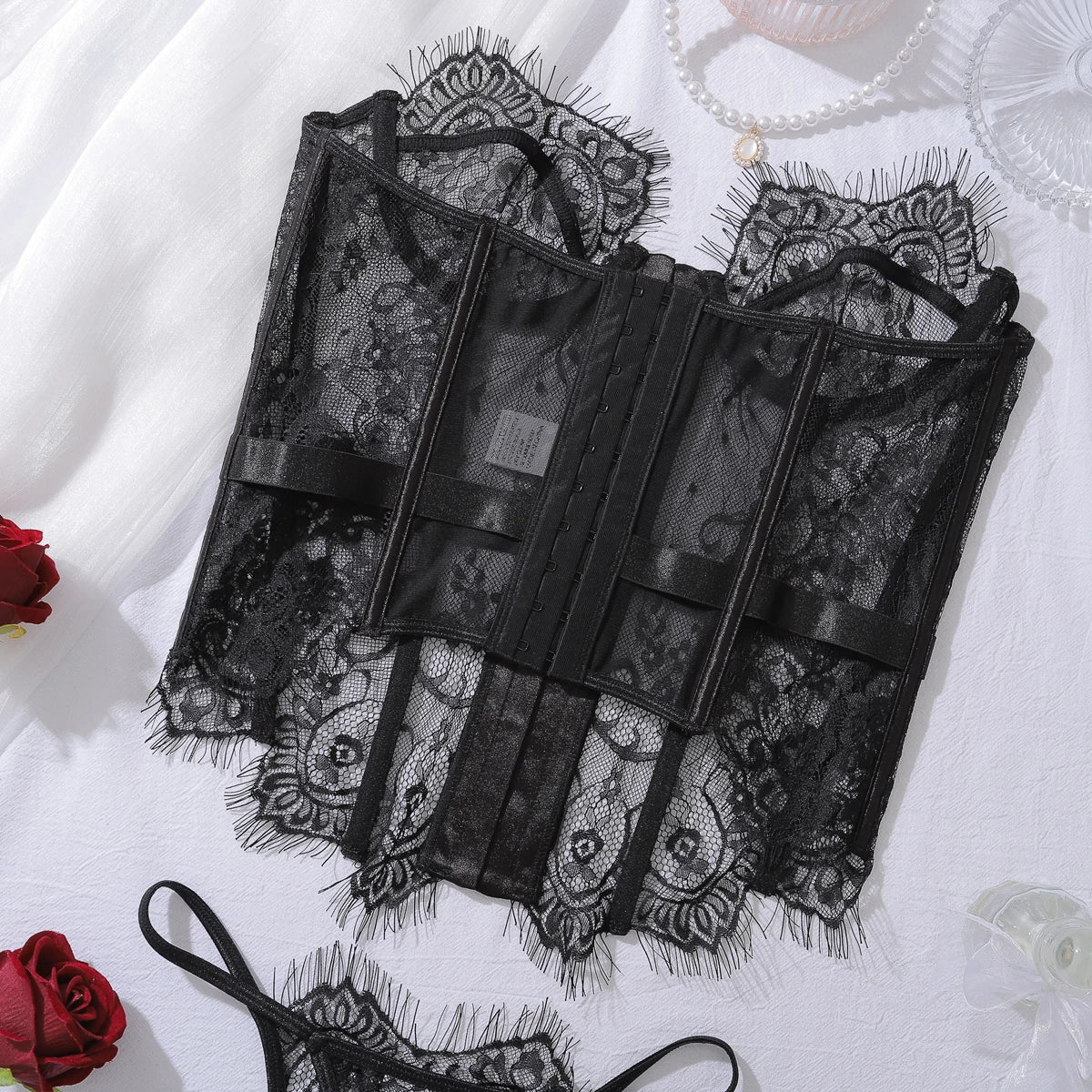 2025 Women's Eyelash Lace Perspective Low cut Fishbone Body Shaping and Slimming Sexy Underwear Two Piece Set