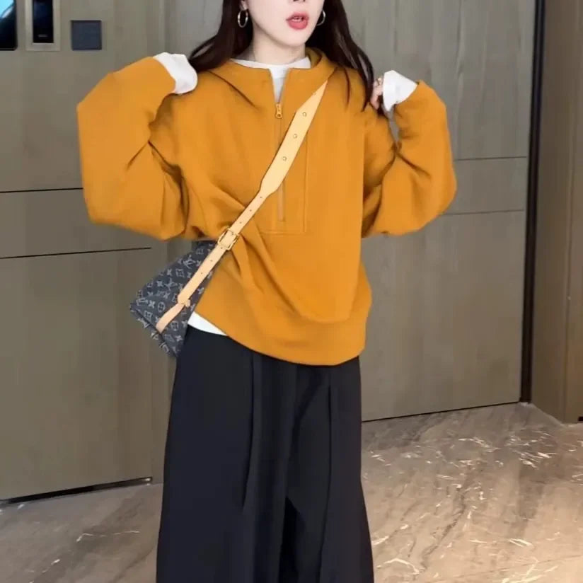 Autumn Winter Warm f Zip Pure Color Hoodie Jaet Women's New 2025 High End Lazy Sle Long Sve Comfortable Velvet Swea...