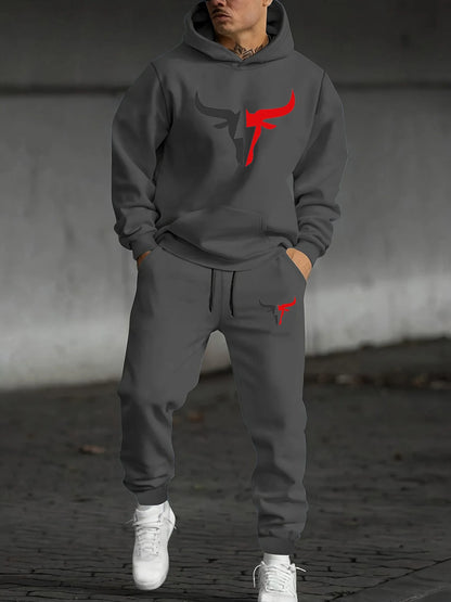 Men's autumn and winter casual fashion warm bull pattern print loose plush thick hooded sweatshirt+sweatpants set