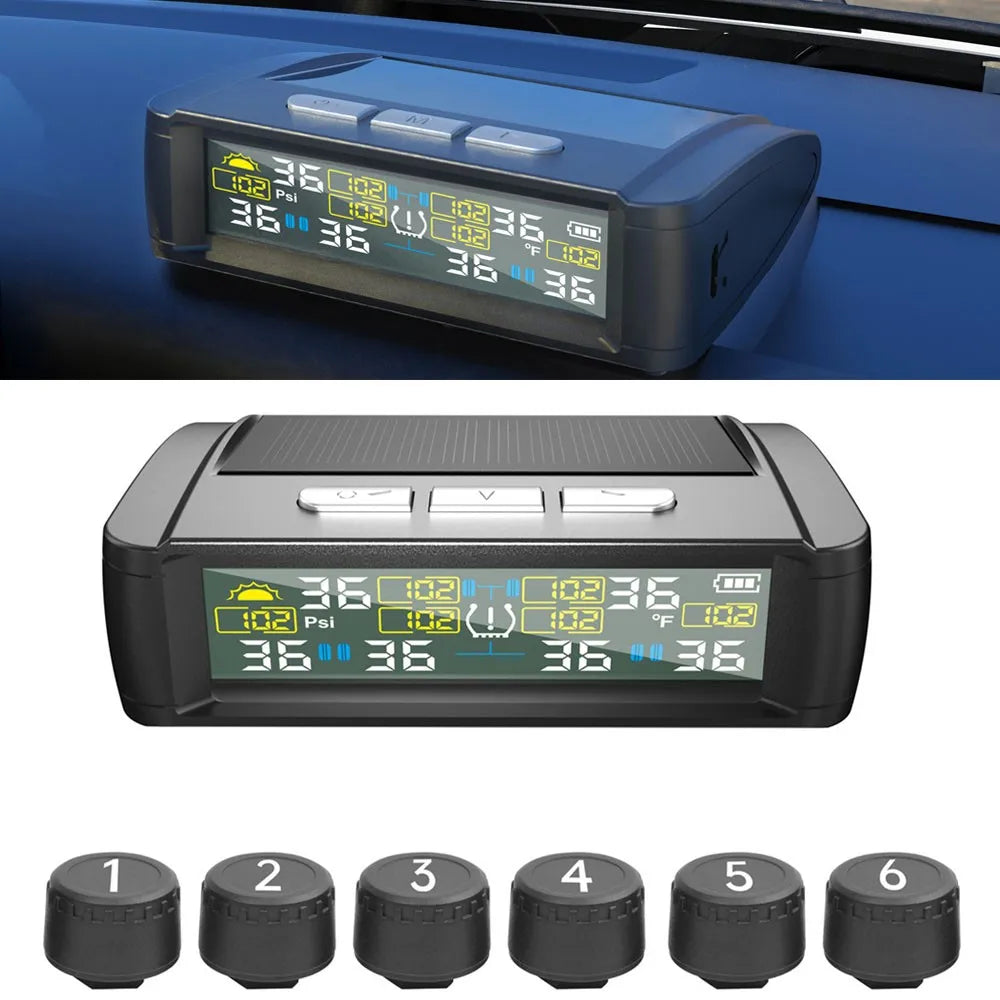 Solar Wireless TPMS Car Tire Tyre Pressure Monitor Monitoring System with 6 External Sensors