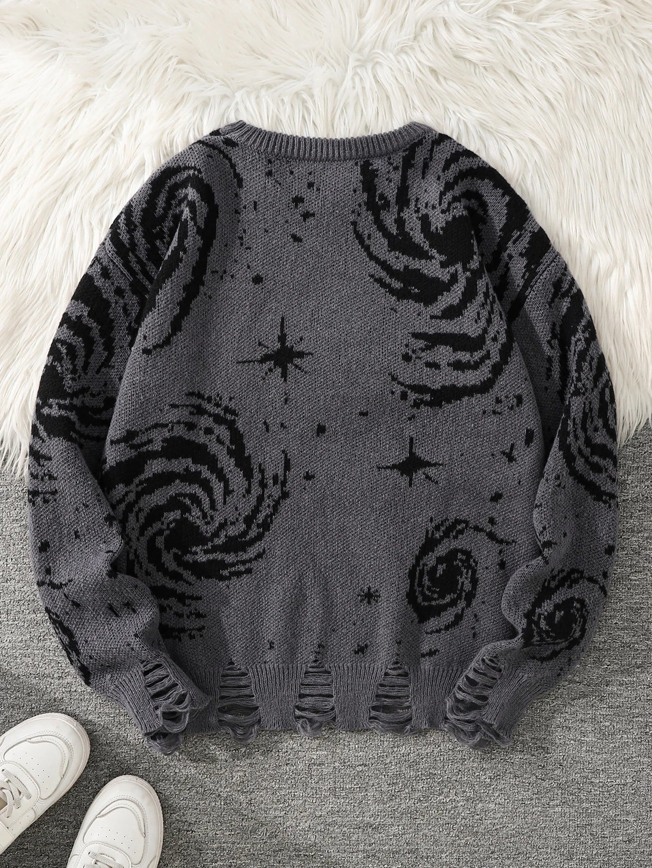 Men's Autumn and Winter Street Style Ripped Abstract Starry Sky Pattern Pullover Sweater, Casual Crew Neck Knit Men's Pullover, Regular Fit, Suitable for Autumn and Winter Seasons
