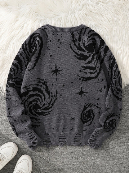 Men's Autumn and Winter Street Style Ripped Abstract Starry Sky Pattern Pullover Sweater, Casual Crew Neck Knit Men's Pullover, Regular Fit, Suitable for Autumn and Winter Seasons