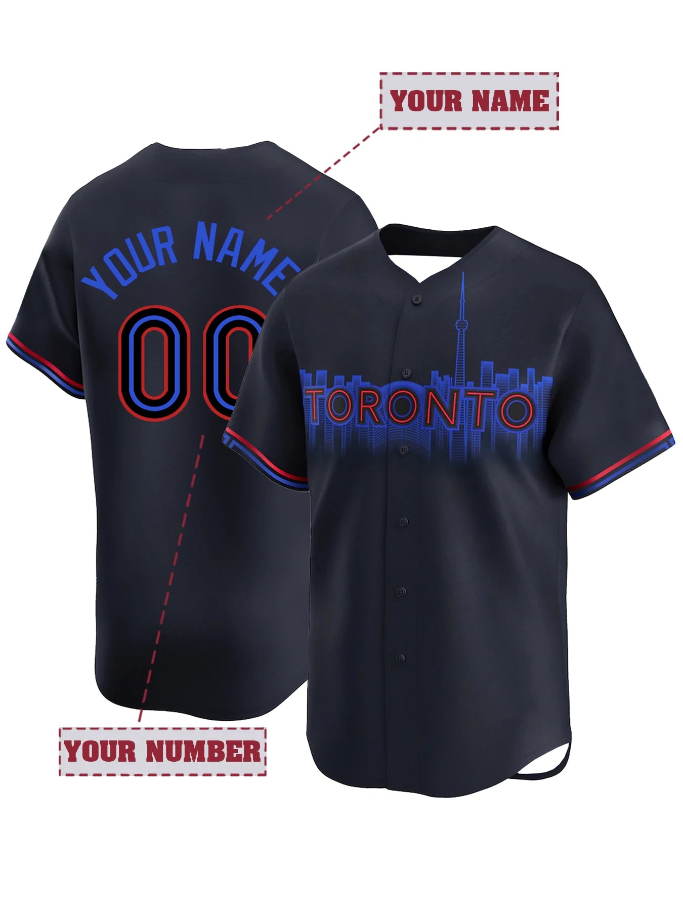 Custom Name And Number Men's Embroidery Baseball Jersey Toronto Black V-Neck Personalized Short Sleeve Button Down DIY Shirts