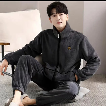 Men's Coral Fleece Pajamas Thickened Flannel Home Clothes Set Autumn Winter Style Long Sleeve Warmth Guarantee Home Scence