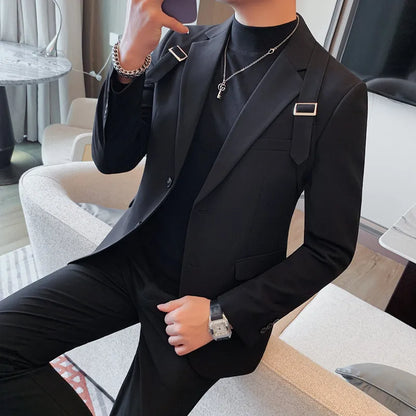 2024 Autumn Winter New Strap Decoration Suit Jacket for Men Fashion Slim Casual Business Blazers Groom Wedding Social Tailcoat