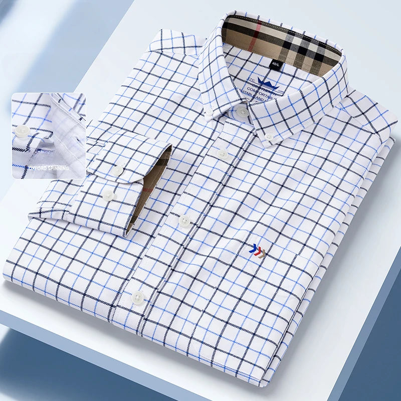 New in Shirt 100%Cotton Oxford Long-Sleeve Shirts for Men Slim Fit Formal Plain Shirt High Quality Plaid Soft Office Clothes