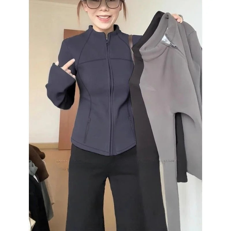 Women's Thickened Fleece Zipper Hoodie Short Coat Slim Fit Waist-Cinching Stand Collar Cardigan Autumn Winter Fashion Outerwear
