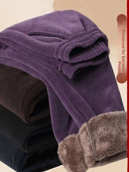 Winter Thickened Fleece Pure Color Women's High Waist Elastic Waist Straight Leg Casual Pants Wide Leg Trendy Thermal Trousers