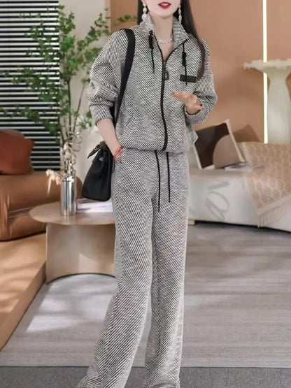 Fashion Casual Striped Top Sports Two-piece Set for Women's Spring and Autumn New Style Loose and Slim Wide Leg Pants Set