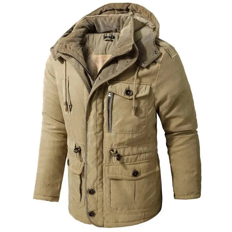 2025 Winter Men's American Fashion Versatile Hooded Cotton Jacket Thickened Multi Pocket Casual Simple Medium Length Top Coats