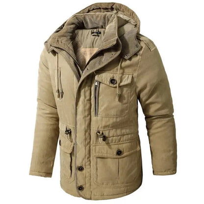 2025 Winter Men's American Fashion Versatile Hooded Cotton Jacket Thickened Multi Pocket Casual Simple Medium Length Top Coats