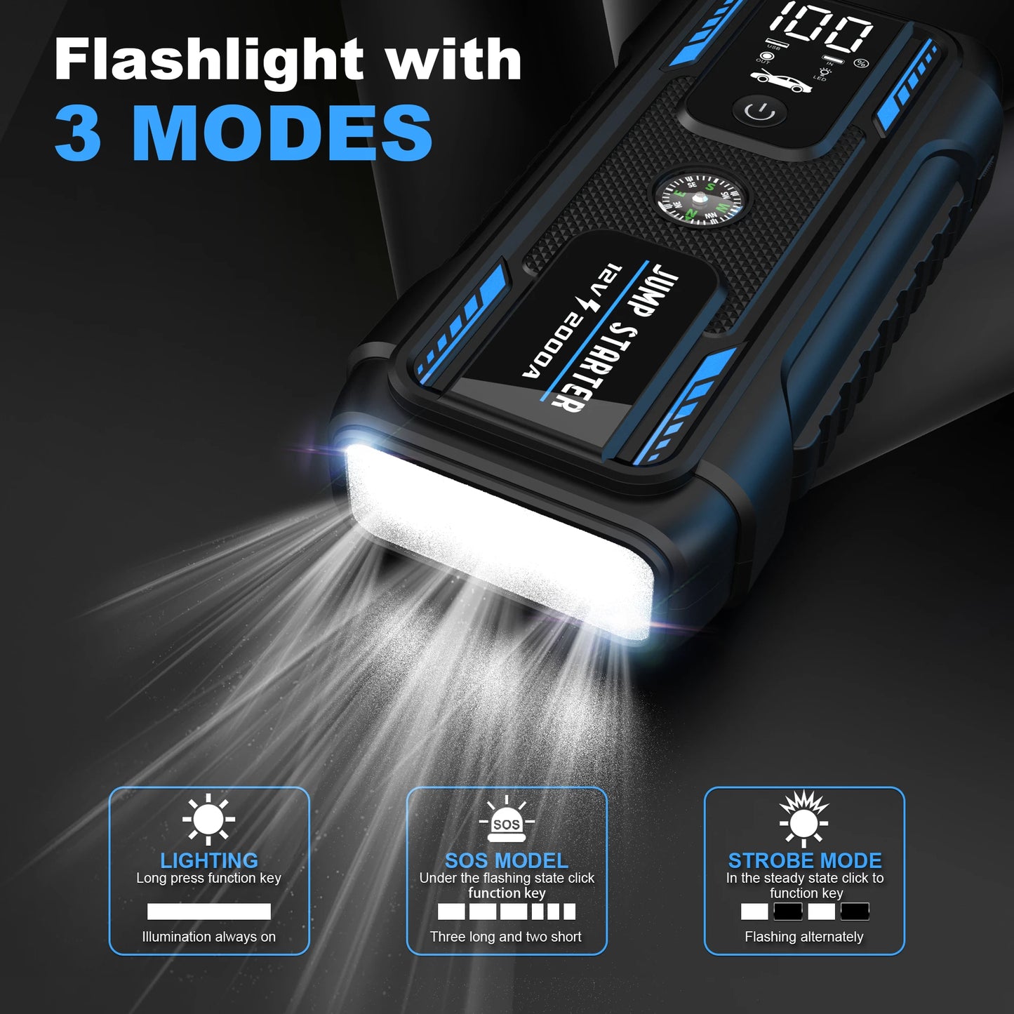 12V 2000A High-capacity portable Car Jump Starter,Multifunctional car booster with lighting charging capabilities