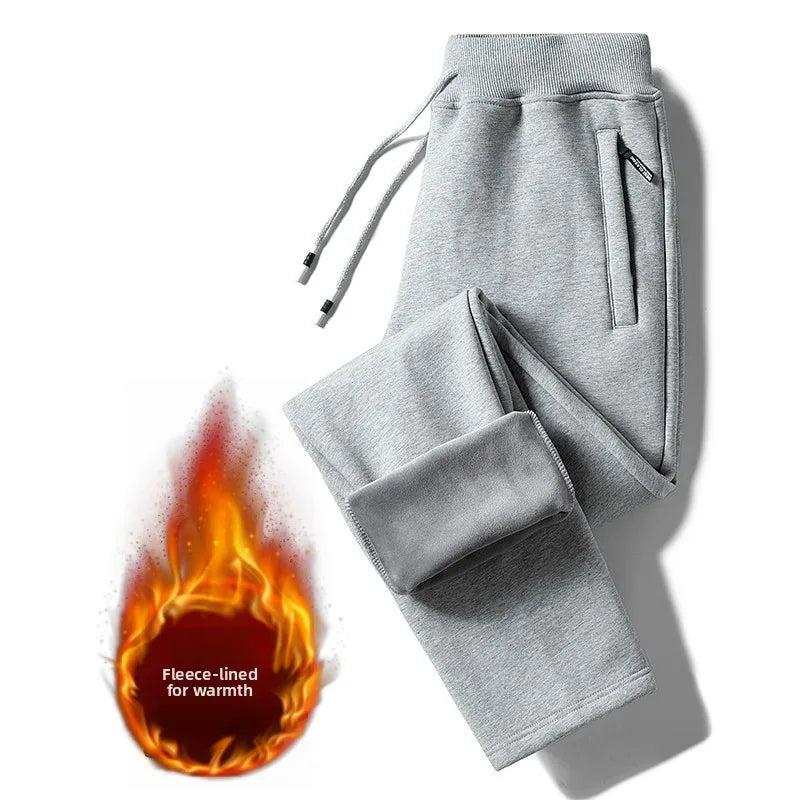 Men's Fleece Lined Loose Fit Trousers Korean Style Casual Pants with Pockets Zipper Closure Autumn Winter Outerwear Cargo Pants