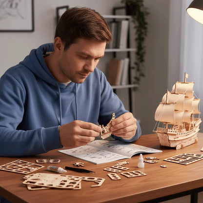 Wooden Material Dutch Ship 3D Puzzle Children Gits Classic Ship DIY Assembled Model 3D Construction Wooden Model Kit Home Decor