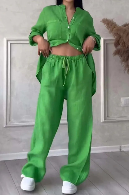 Women's  Color Long Sleeve Shirt And Wide Leg Pants Two-Piece Set Button-Up Tie Waist Long Pants Fashionable Ensemble