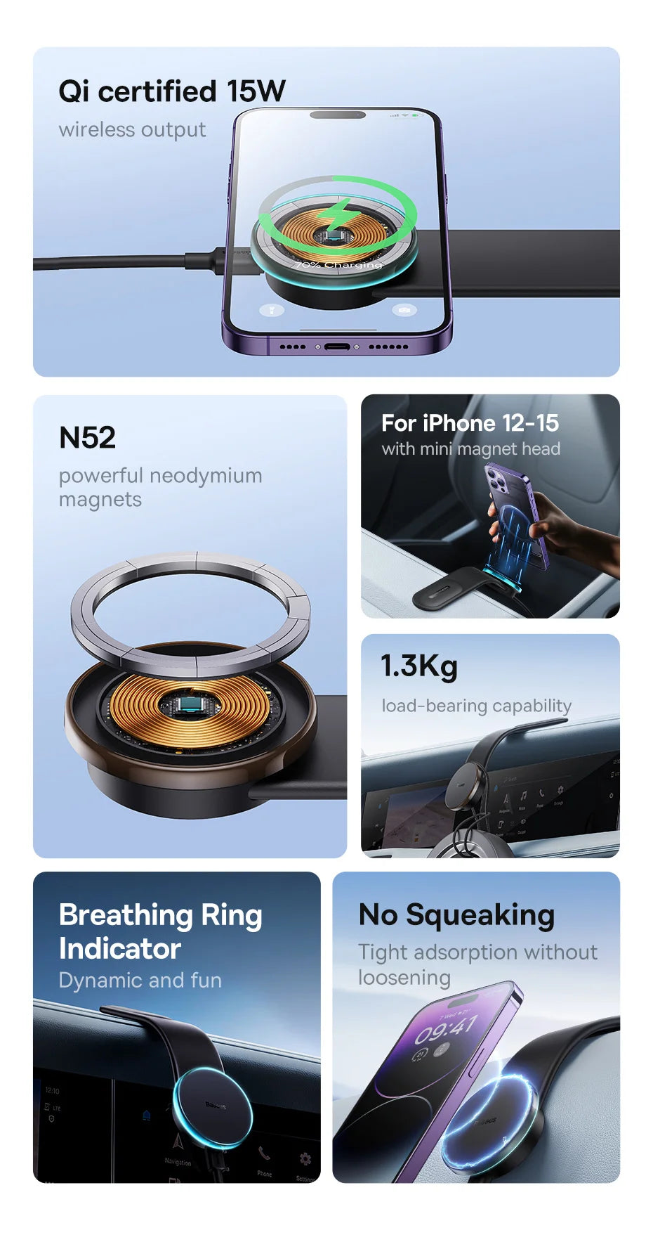 Baseus Magnetic Car Phone Holder 15W Wireless Charger Bendable Car Phone Mount for iPhone 12-17 Stand Dashboard Center Console