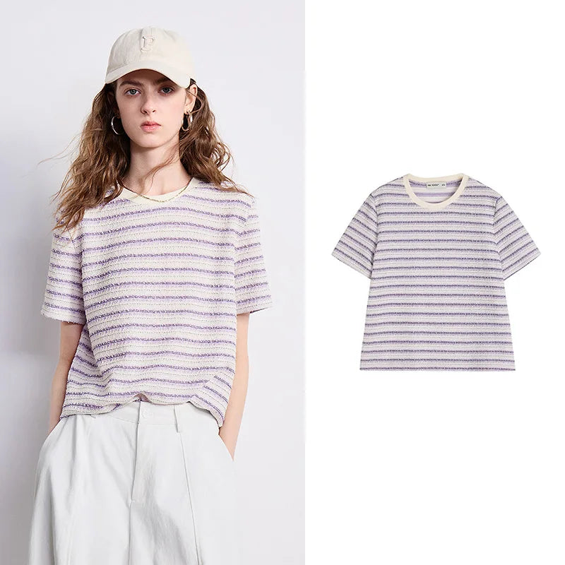 TOYOUTH Women T-shirt 2026 Summer New Striped Round Neck Combined Fashionable Heavy-duty Top