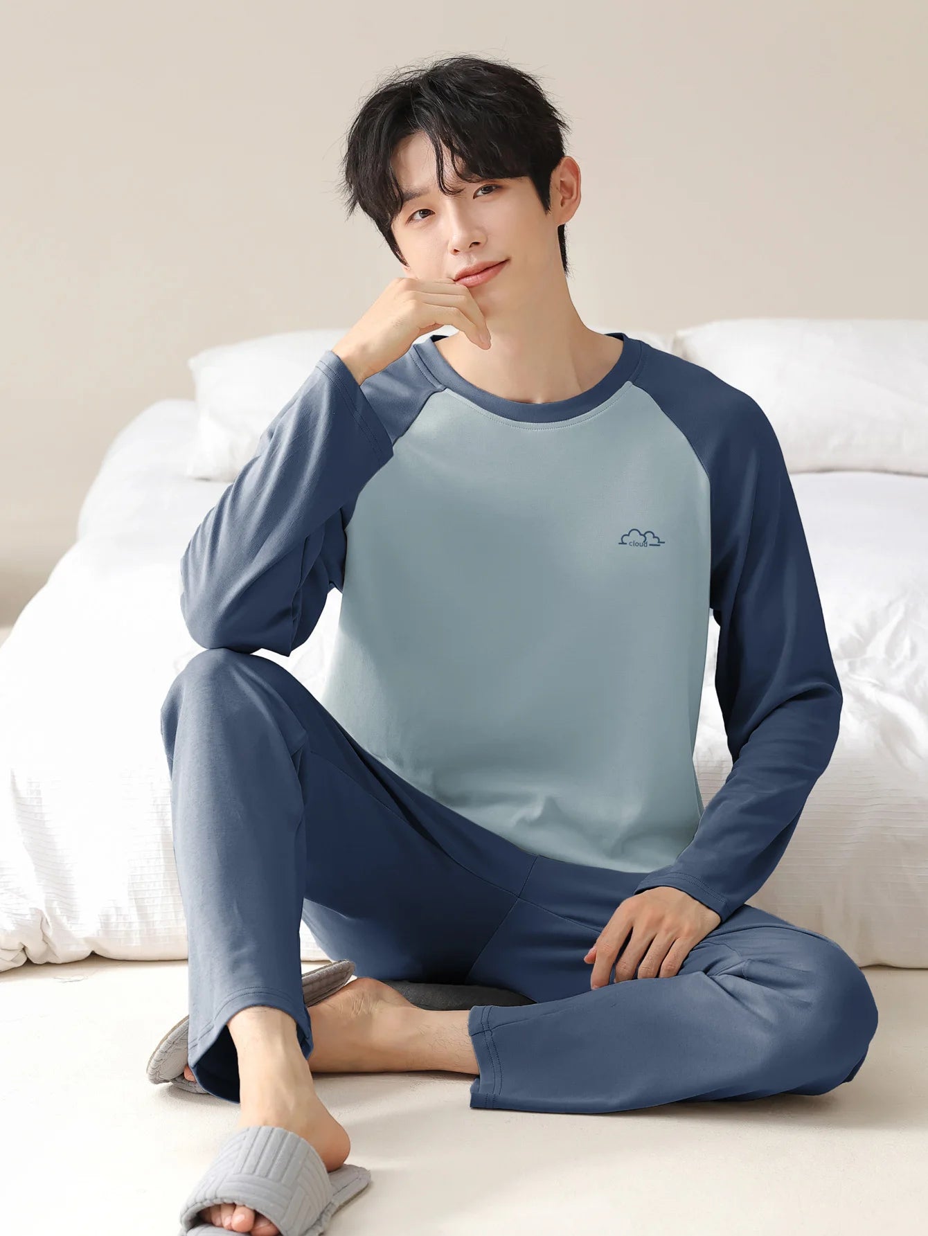 Men's 100% cotton long sleeved four season plus size men's sleepwear, teenage pure cotton home suit set for warmth
