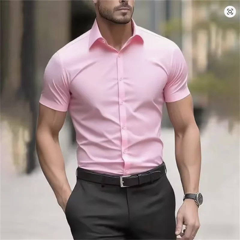 Men's Summer Business Shirt Short Sleeve Stretch Fabric Black Without Pocket Slim Fit Male Social Dress Shirt High Quality 5XL