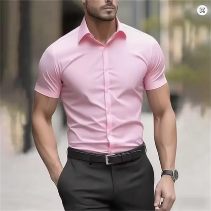 Men's Summer Business Shirt Short Sleeve Stretch Fabric Black Without Pocket Slim Fit Male Social Dress Shirt High Quality 5XL